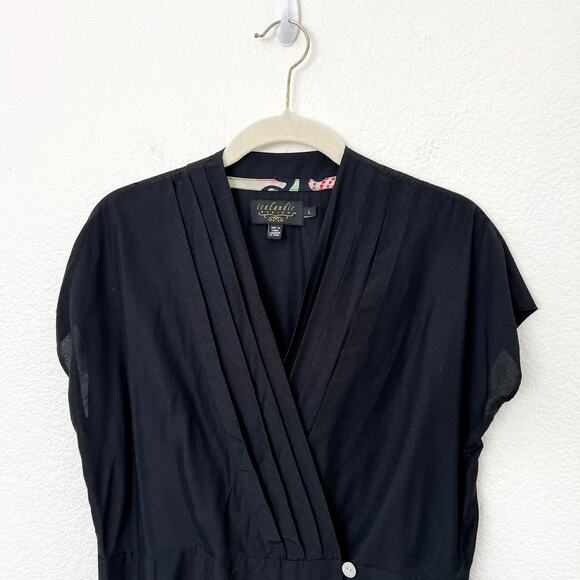 [Icelandic Design] Black Surplice Wrap Pleated Front Blouse Bamboo Silk Blend L - Picture 3 of 10